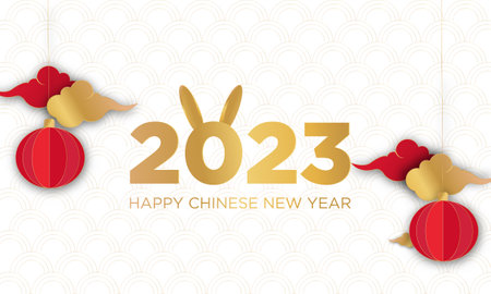 Chinese new year 2023. Year of the rabbit. Lunar new year. A rabbit on the number 2023 with cloud on a white background with Chinese pattern. Vector illustration.のイラスト素材