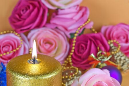 Gold Candle and Flowers - 02の写真素材