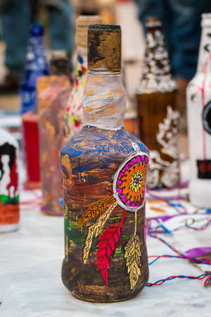 Indian Traditional Handmade bottle craft is displayed in a street shop for sale. Indian handicraft and artの写真素材