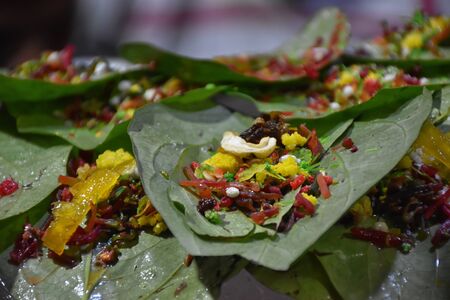 banarasi pan, betel nut garnished with all indian banarasi ingredients for sale (Selective Focus)の写真素材