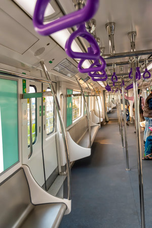 A view of Subway train interior of Kolkata East West Metro system at Salt Lake Sector V,...