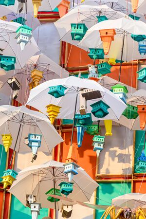 Picture of decorated Durga Puja pandal, Durga Puja is biggest religious festival of Hinduism. Shot at colored light, in Kolkata, West Bengal, Indiaの写真素材