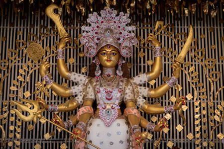 Durga Puja, also called Durgotsava, is an annual Hindu festival in the Indian subcontinent that reveres the goddess Durga decorated kumortuli, Kolkata, Indiaの写真素材