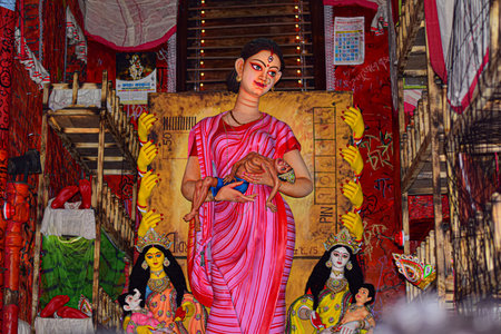 Goddess Durga idol decorated at puja pandal in Kolkata, West Bengal, India. Durga Puja is biggest...
