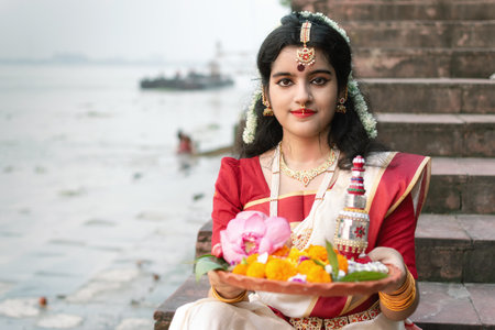 Portrait of beautiful Indian girl in front of ganga river wearing traditional Indian saree, gold jewellery and bangles holding plate of religious offering.の写真素材
