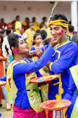 Students are celebrating Holi or 'Basanta Utsav' at in Kolkata, India on March 2020のeditorial素材