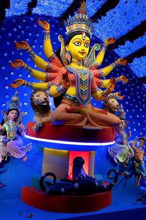 Goddess Durga idol decorated at puja pandal in Kolkata, West Bengal, India. Durga Puja is biggest...