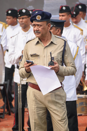 Indian Police Service Officer preparing for taking part in the upcoming Indian Republic Day parade at Indira Gandhi Sarani, Kolkata, West Bengal, India on January 2023のeditorial素材