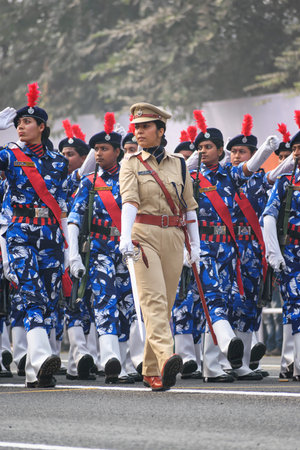Indian Lady Police Officers preparing for taking part in the upcoming Indian Republic Day parade at Indira Gandhi Sarani, Kolkata, West Bengal, India on January 2023のeditorial素材