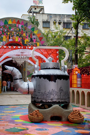 Picture of decorated Durga Puja pandal in Kolkata, West Bengal, India on October 23, 2020. Durga Puja is the biggest religious festival of Hinduism and is now celebrated worldwide.のeditorial素材
