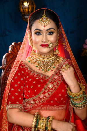 Stunning Indian bride dressed in traditional red bridal lehenga with heavy gold jewellery and veil sitting in a chair smiles tenderly in studio lighting. Wedding fashion and lifestyle.の写真素材