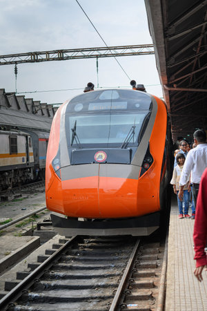 Vande Bharat Express standing at a Junction Railway Station of Indian Railways system in Howrah,...