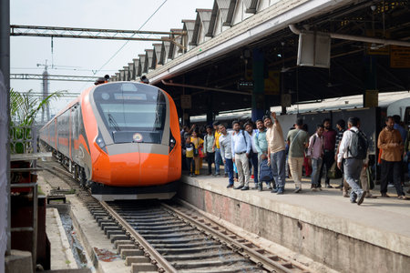 Vande Bharat Express standing at a Junction Railway Station of Indian Railways system in Howrah, West Bengal, India on March 19, 2024.のeditorial素材