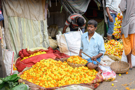 Sellers and farmers from various parts of West Bengal selling flowers at Mallick or Jagannath Ghat, largest wholesale flower market in Asia. Kolkata, India on March 19, 2024.のeditorial素材