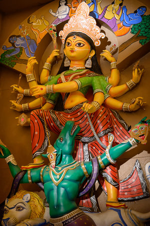Idol of Goddess Devi Durga at a decorated puja pandal in Kolkata, West Bengal, India on October 19,...