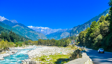 Mountain valley during bright sunny day. Beautiful natural landscape in the summer time.Mountain valley during sunny day. Natural summer landscape. Travel nature background poster conceptの写真素材