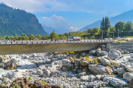 Mountain valley during bright sunny day. Beautiful natural landscape in the summer time.Mountain valley during sunny day. Natural summer landscape. Travel nature background poster conceptの写真素材