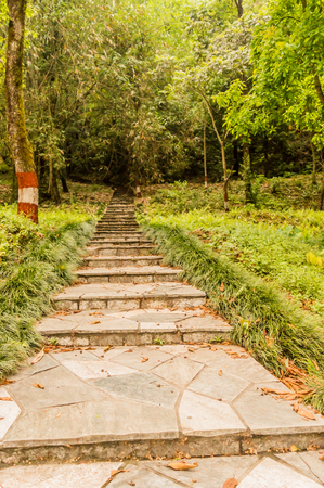 Photograph of Natural stone landscaping in home garden with stairs snapped in landscape wide screen style in daytime on a sunny day. Architecture exterior and interior designing concept.の写真素材