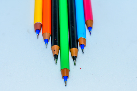 Set of multi-colored pens, tools for writing drawing, isolated on white.の写真素材
