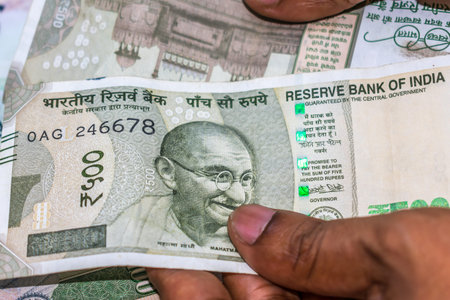 Selective Focus. Profit from business. Texture and background new 500 Indian rupee currency ready...