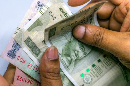Selective Focus. Profit from business. Texture and background new 500 Indian rupee currency ready...