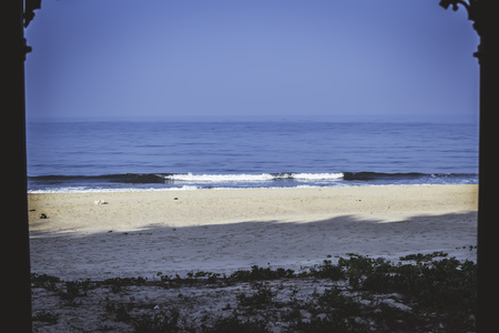 Panorama landscape view of a beautiful tropical sea beach in summertime during christmas holiday. ( MUMBAI, MAHARASTRA, INDIA). Travel vacation and holiday concept.の写真素材