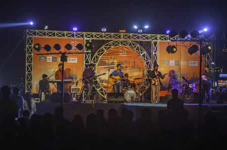 RAMAKRISHNA BEACH, VISHAKHAPATNAM / INDIA - DECEMBER 31 2017: Group people showing live performance on stage during famous beach festival event.のeditorial素材