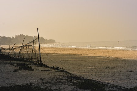 Panorama landscape view of a beautiful tropical sea beach in sunset time during christmas holiday. ( MUMBAI, MAHARASTRA, INDIA). Travel vacation and holiday concept.の写真素材