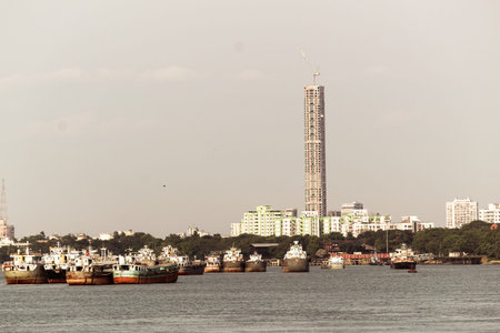Kolkata, India - May 13, 2018: Beautiful panorama of Kolkata city on the river Hooghly in a sunny...