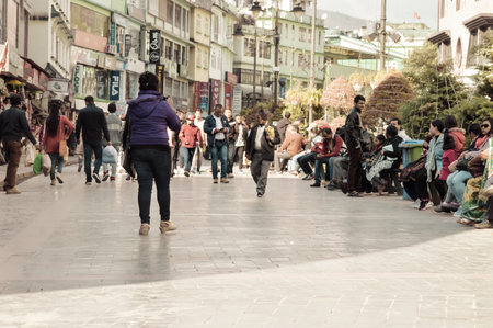 MG Marg Gangtok Sikkim India December, 26, 2018: Tourist People relaxing On christmas holiday in the busy MG Marg street. Selective Focus.のeditorial素材