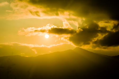 Gorgeous panorama scenic beauty of the sunset with colorful clouds on orange sky. Heavenly Sky background on Sunset and sunrise. Nature composition.の写真素材