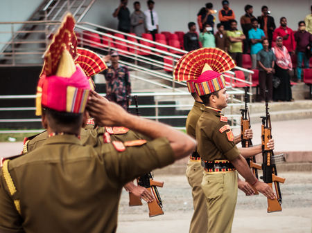 Petrapole-Benapole, Bangaon, West Bengal, 5th Jan, 2019: Joint Retreat Ceremony, military parade show same as Wagah Border between soldiers of Security Force India BSF and Border Guards Bangladesh BBGのeditorial素材