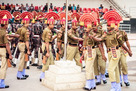 Petrapole-Benapole, Bangaon, West Bengal, 5th Jan, 2019: Joint Retreat Ceremony, military parade show same as Wagah Border between soldiers of Security Force India BSF and Border Guards Bangladesh BBGのeditorial素材