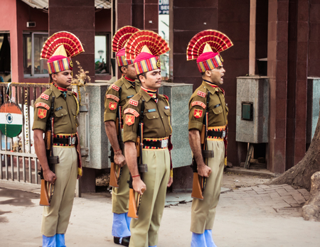Petrapole-Benapole, Bangaon, West Bengal, 5th Jan, 2019: Joint Retreat Ceremony, military parade show same as Wagah Border between soldiers of Security Force India BSF and Border Guards Bangladesh BBGのeditorial素材
