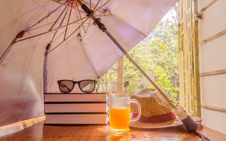 Sunburn risk concept protect skin from temperature. Umbrella protecting beautiful woman things. Books, sunglasses, orange juice and a straw hat. Summer holiday concept with copy space room for text.の写真素材