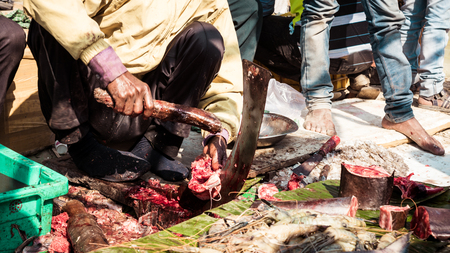 Patipukur Whole Sale Fish Market, Kolkata, West Bengal, India 10 january 2019 - Cutting red fresh fish in street market.のeditorial素材