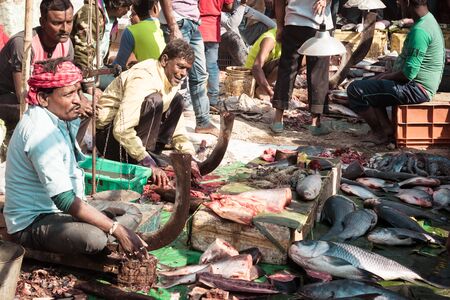 Kabardanga Whole Sale Fish Market, Kolkata, West Bengal, India 10 january 2019 - Sale of Fresh seafood at fish market in the street.のeditorial素材