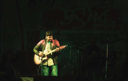 Kolkata India 1 May 2019: Guitarist performing on. Rock Concert venue with lit bright colorful stage...