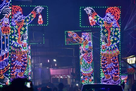 Kolkata, West Bengal, India October 2018 - Kolkata transformed into City of Lights during Durga Puja. Gorgeous lighting arrangement decor has reputation in almost all the Puja pandals and streets.のeditorial素材