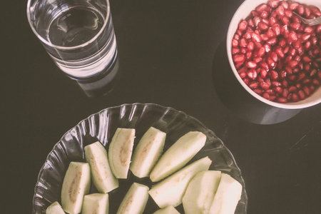 Top view of Delicious breakfast on table. Table with food as breakfast isolated on grey background....