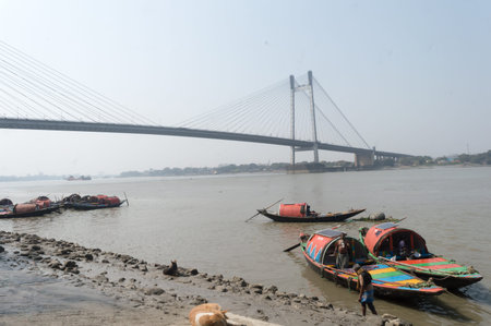 Panoramic Vidyasagar Setu (Bidyasagôr Setu) or Second Hooghly Bridge during sunset. Famous longest...