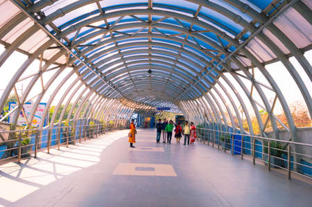 Futuristic Dakshineswar Rani Rashmoni Skywalk elevated pathway made of glass steel. It consisting of escalators, lifts and staircases, constructed for easy journey of tourists and devotees to historic Dakshineswar Kali temple Kolkata India March 2020のeditorial素材