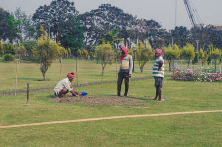 Four men professional Gardeners weeding and gardening in a garden of a public park. Eco Park, New Town 25 March 2022の写真素材