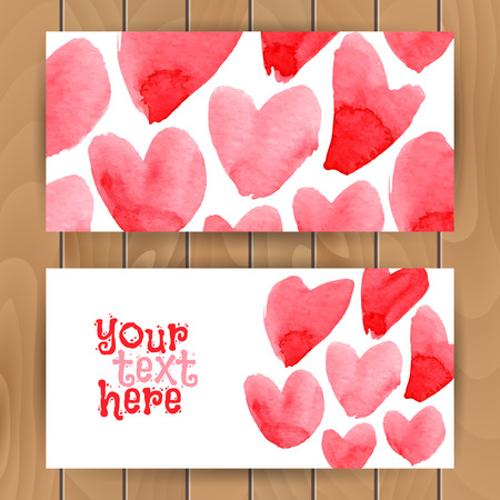 Love card templates with hand drawn watercolor hearts on wood backgroundのイラスト素材