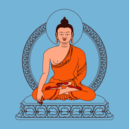 Meditation Buddha sitting on floral altar.のイラスト素材