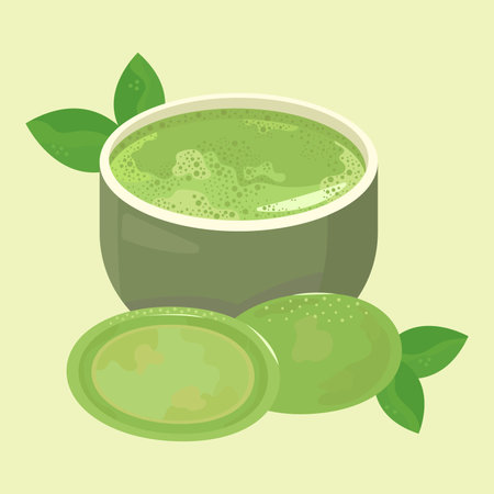 Japanese Matcha cup of tea. Green mochi and leaf.のイラスト素材