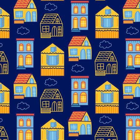 Hand drawn seamless pattern of a city with cute little housesのイラスト素材