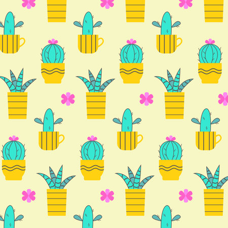 A seamless pattern with green and blue succulent and cactus plantsのイラスト素材