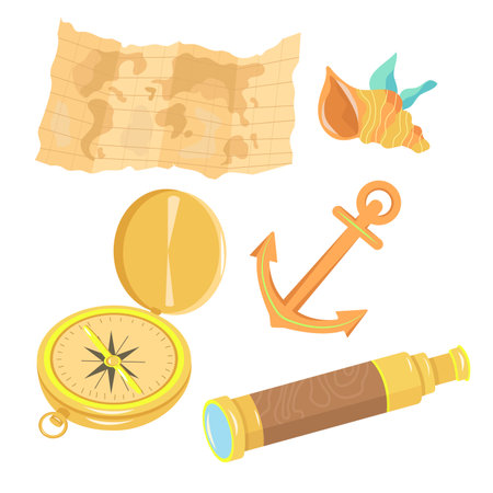 set map, corals, algae, shell, spyglass, anchor. isolated items. cartoon styleのイラスト素材