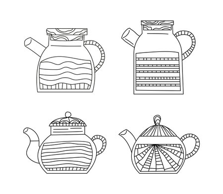 Teapot set vector illustration for english afternoon tea ceremony party or breakfast, stripes hand drawnのイラスト素材
